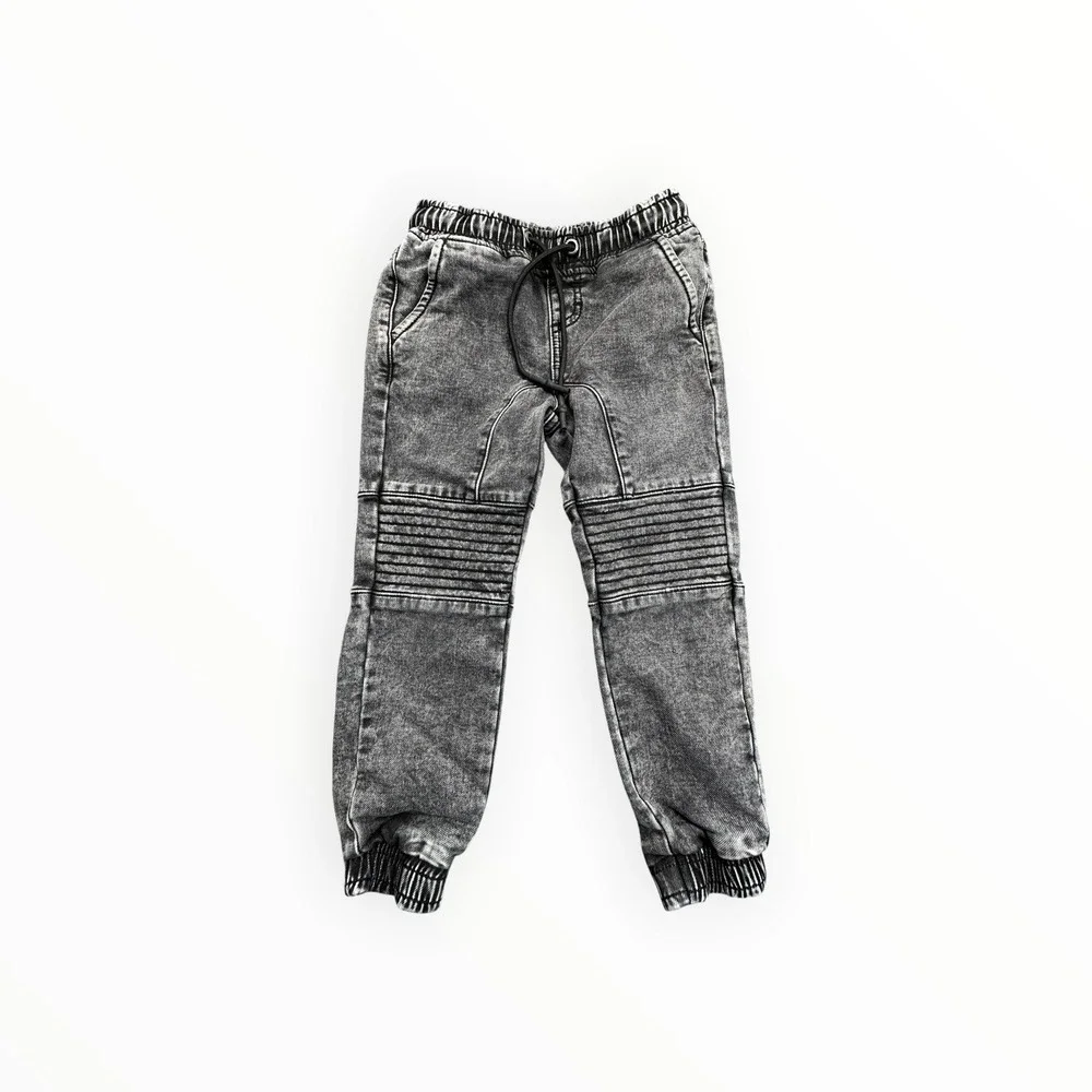 St. Goliath Denim Joggers Boys 5 Black Acid Wash Moto Biker Pants Ribbed‎ Cuffs